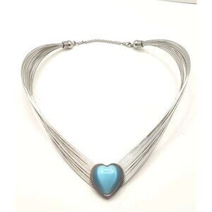 Silver Tone Wire Choker Similated Blue Cats Eye Heart Necklace Collar